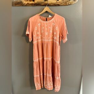 orange creek Coral Peach Embroidered Tiered Midi Dress